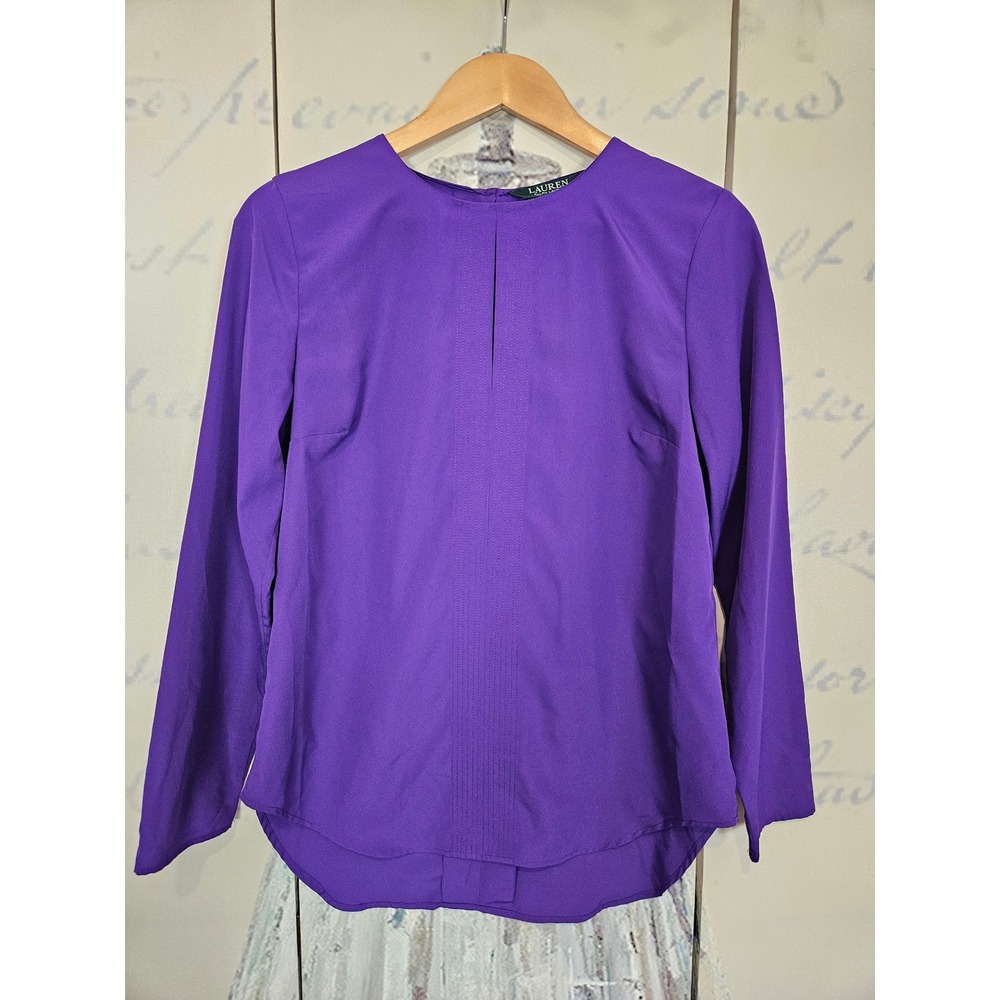 Lauren Ralph‎ Lauren LRL Purple Pintuck Keyhole Long Sleeve Blouse Size S